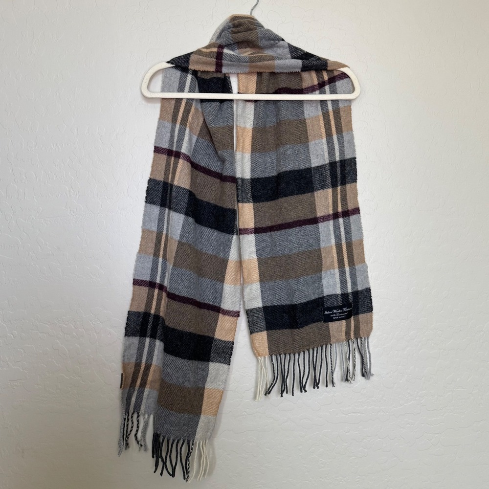 Italian Woollen Treasures Women 100% Lambswool Scarf OS Plaid Fringe Academia